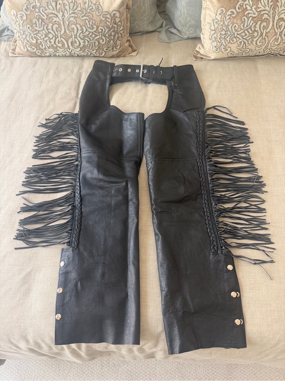 Black Leather Fringe Women's Motorcycle Chaps